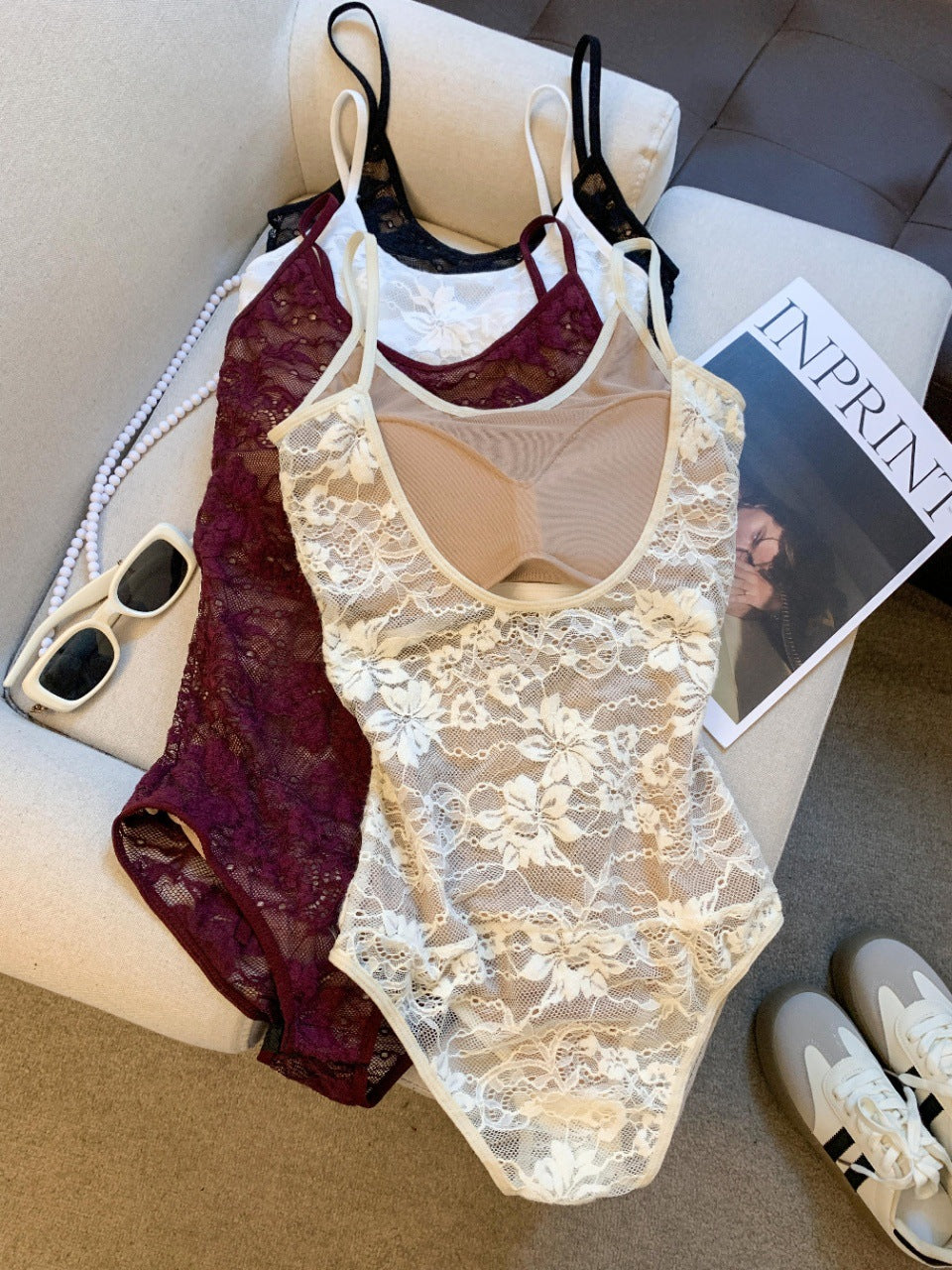Floral Lace U-Neck Spaghetti Strap Bodysuit – Sheer Mesh Layering Top