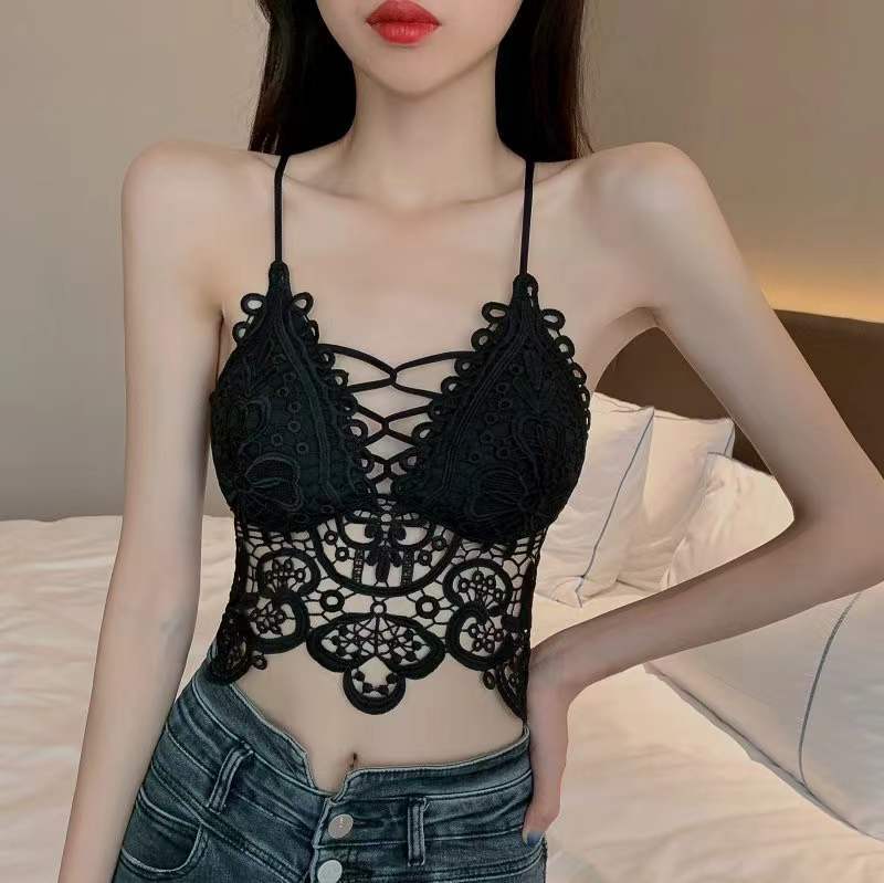 Vintage Floral Crochet Lace Tank Top, Scalloped Edge Deep V Layering Crop Cami