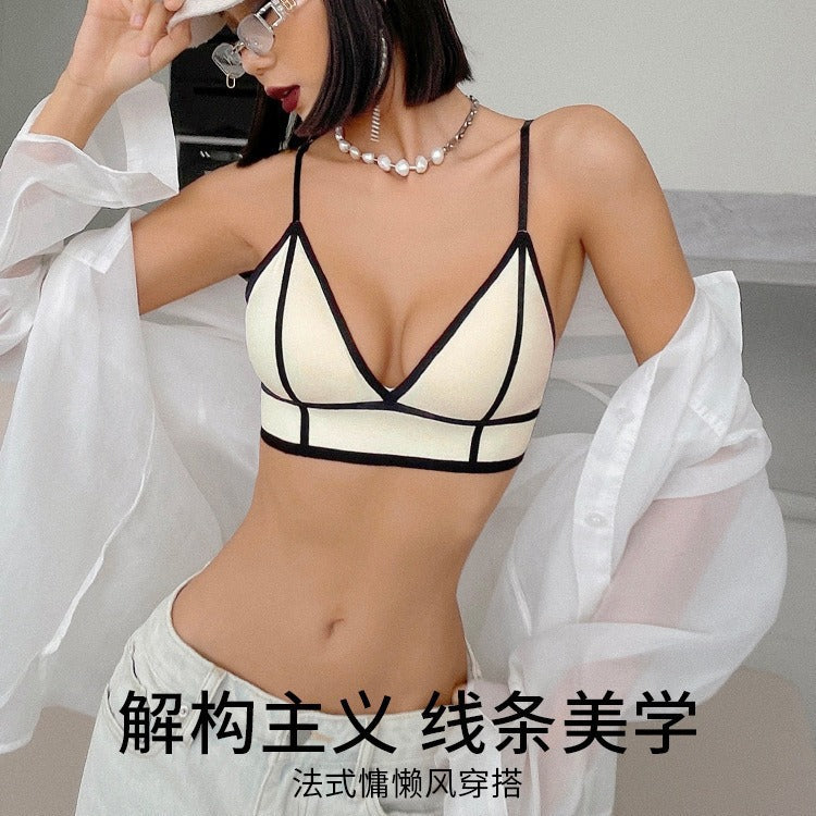 Minimalist Contrast Binding Triangle Bralette, Thin Strap Wireless Bra