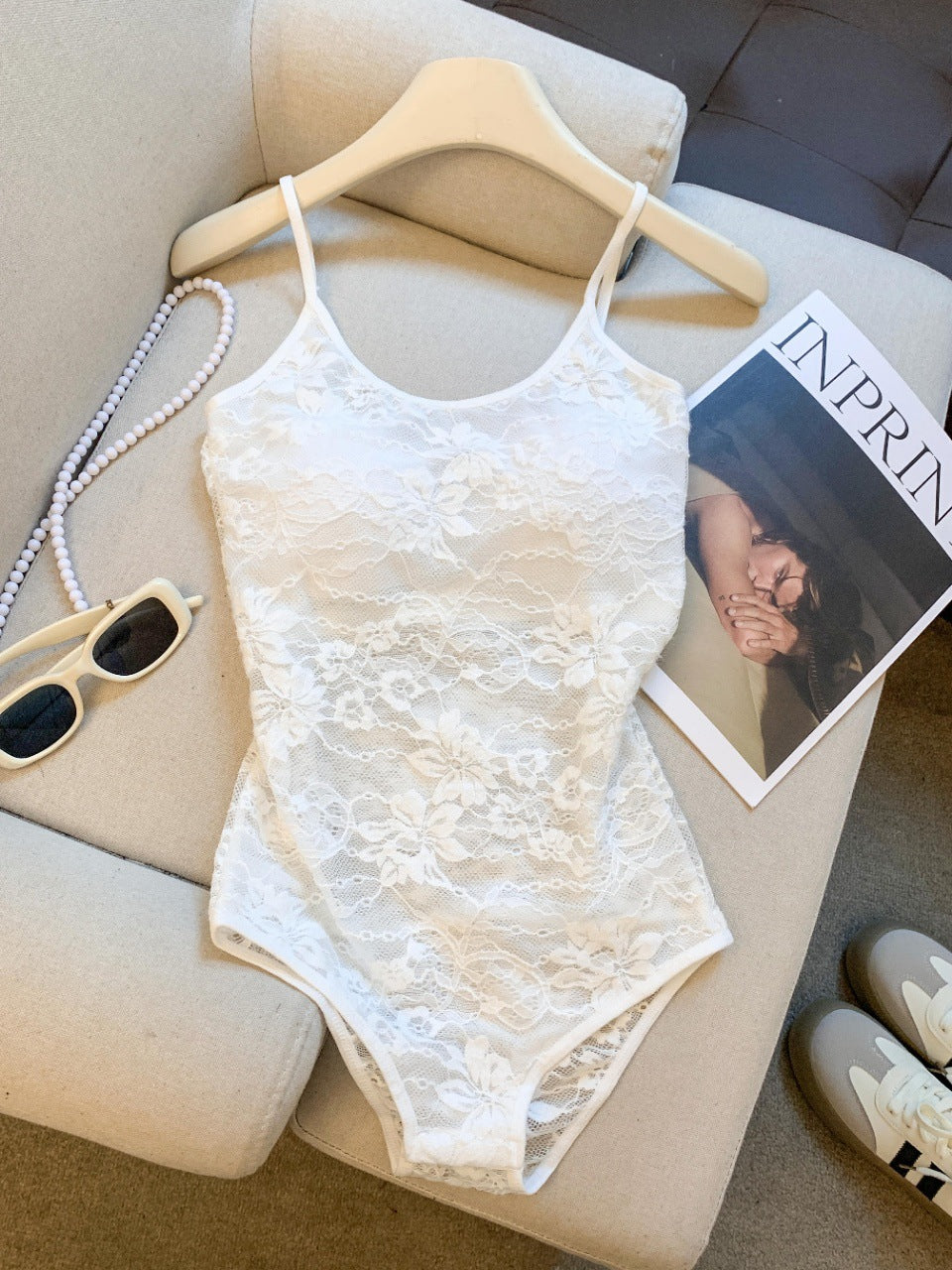 Floral Lace U-Neck Spaghetti Strap Bodysuit – Sheer Mesh Layering Top
