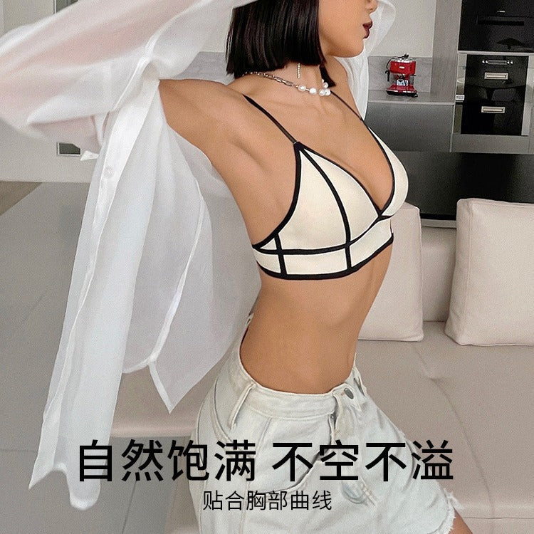Minimalist Contrast Binding Triangle Bralette, Thin Strap Wireless Bra
