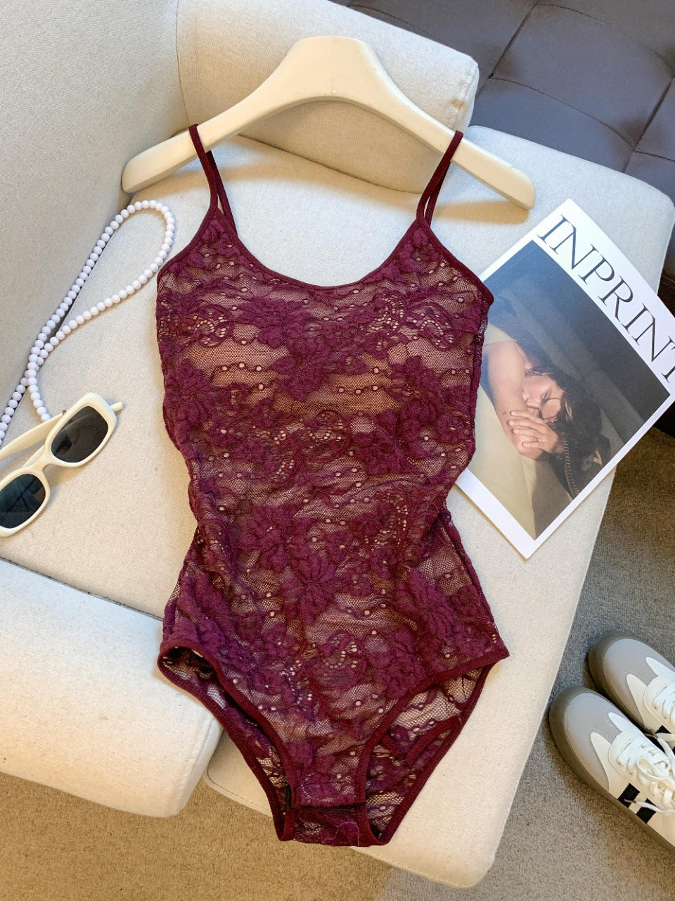 Floral Lace U-Neck Spaghetti Strap Bodysuit – Sheer Mesh Layering Top