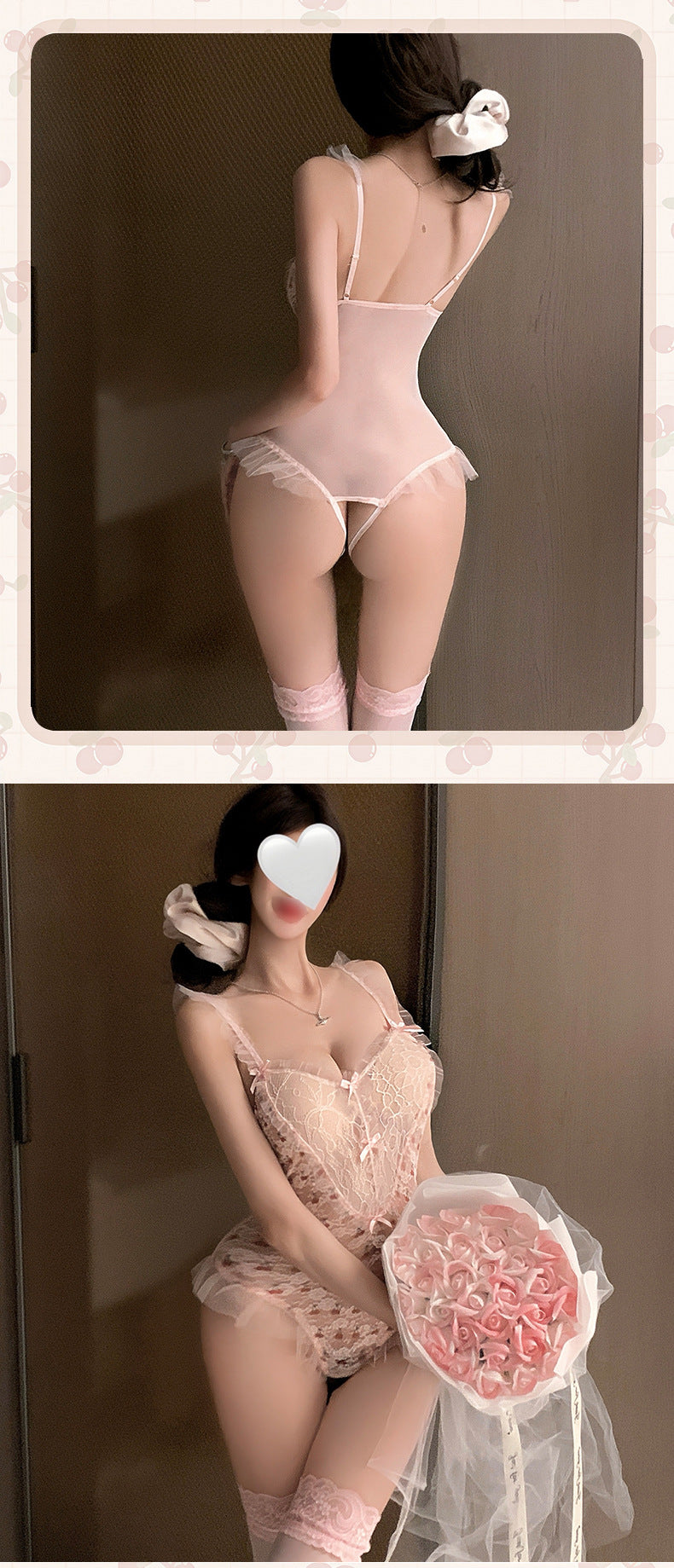 Feminine Pink Lace Teddy Bodysuit, Romantic Sheer Nightwear