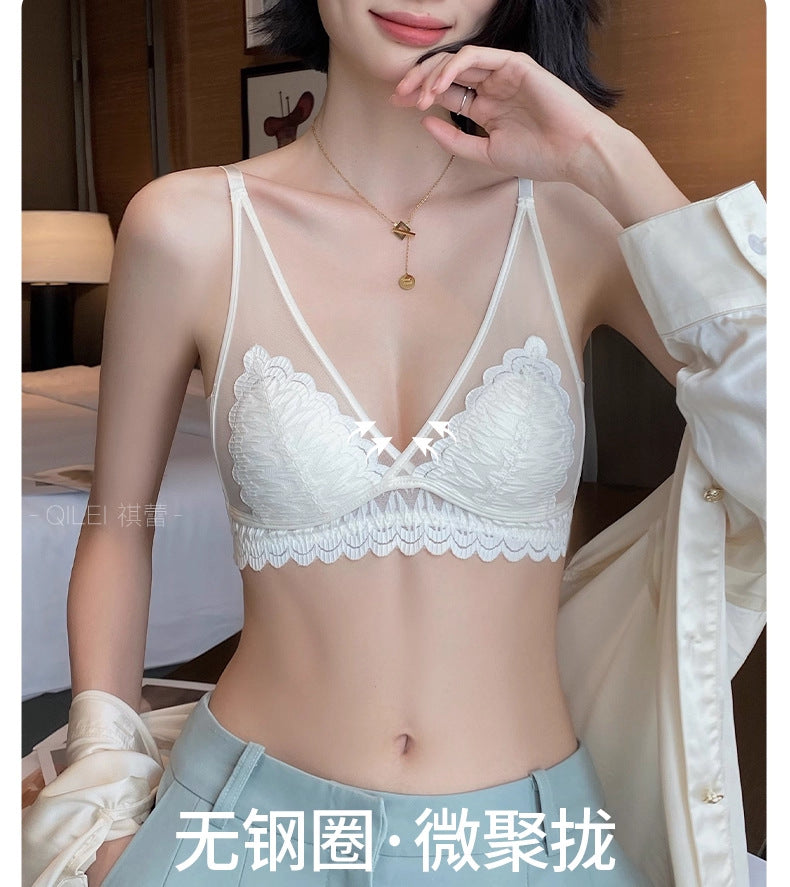 French Leaf Lace Sheer Bralette, Deep V Wireless Thin Cup Women Bra