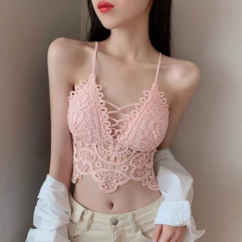 Vintage Floral Crochet Lace Tank Top, Scalloped Edge Deep V Layering Crop Cami