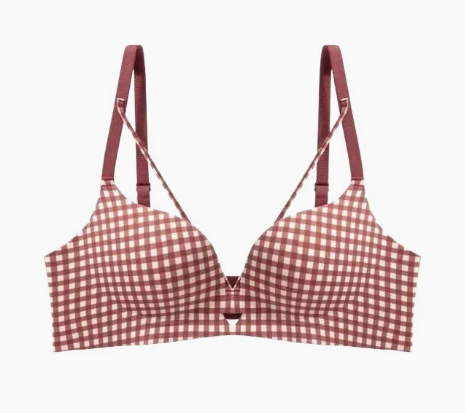 Gingham Print V-Neck Bra, Thin Adjustable Strap Wireless Support Bra
