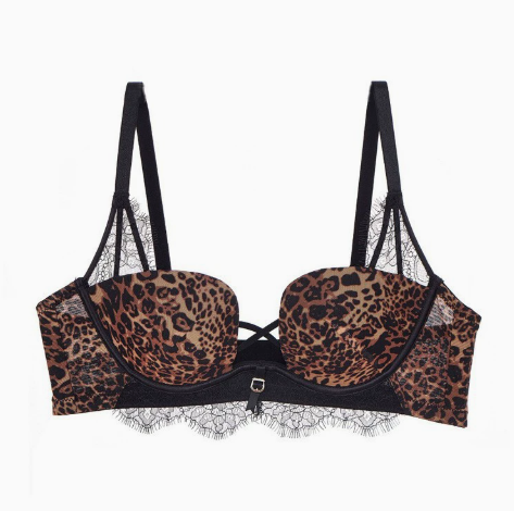 Wild Leopard Pattern Lace Trim Bra, Cross Strap Push-up Underwire Lingerie