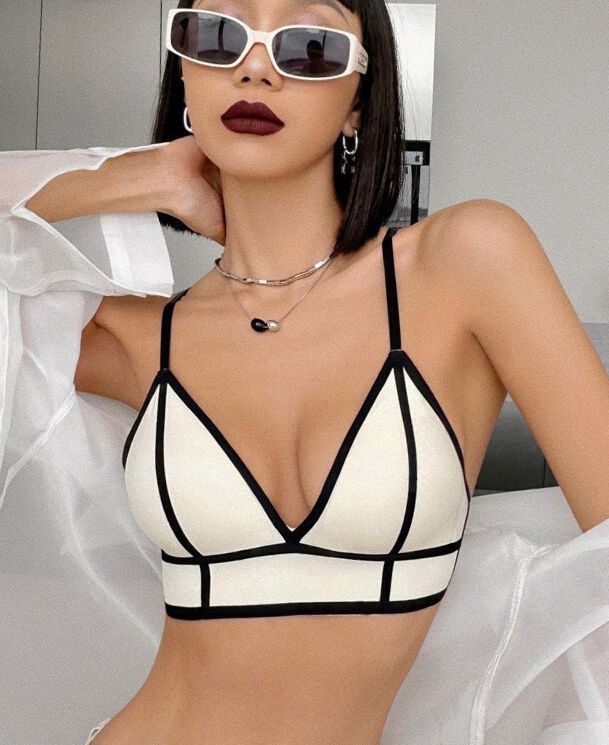 Minimalist Contrast Binding Triangle Bralette, Thin Strap Wireless Bra