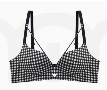 Gingham Print V-Neck Bra, Thin Adjustable Strap Wireless Support Bra