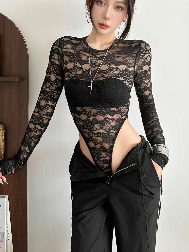 Black Long Sleeve Floral Lace Bodysuit, Sheer Mesh Round Neck Slim Fit Top