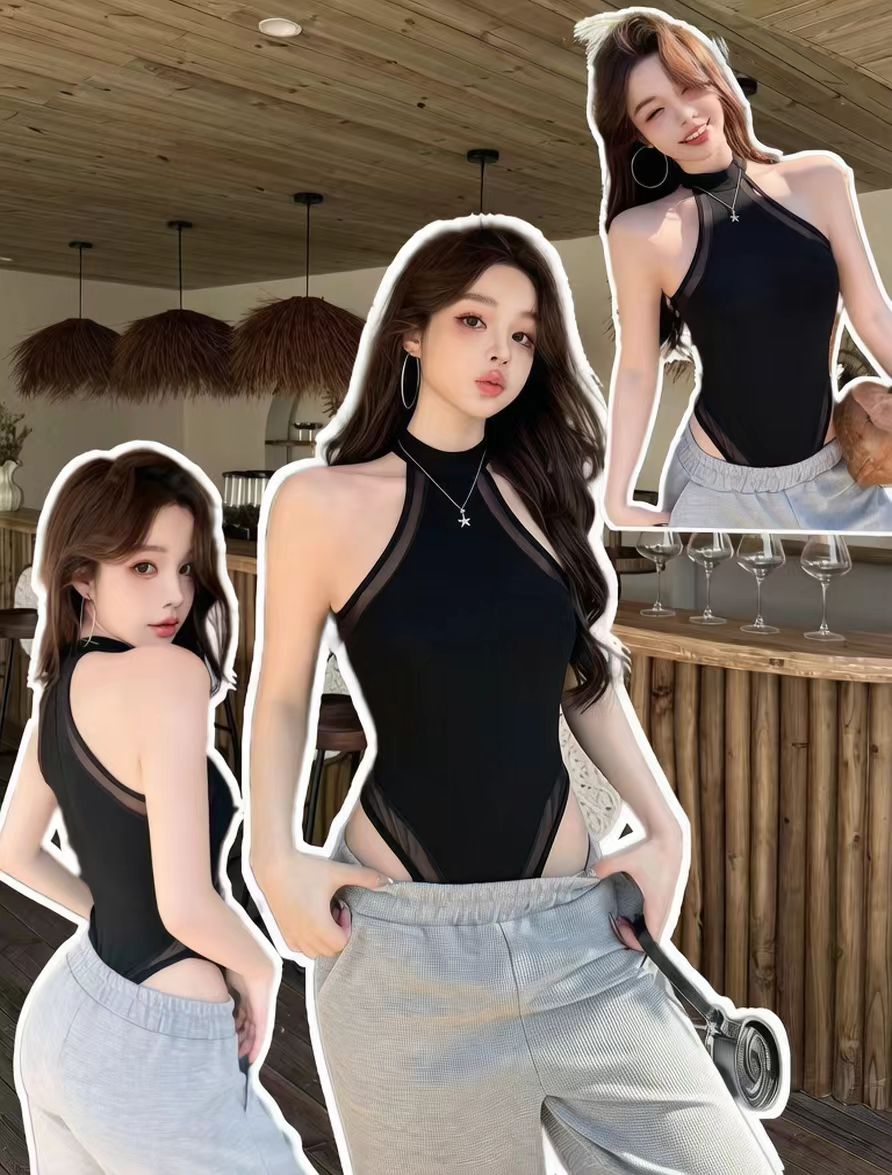 Halter Mesh Panel Bodysuit, High Neck Sleeveless Slim Fit Top