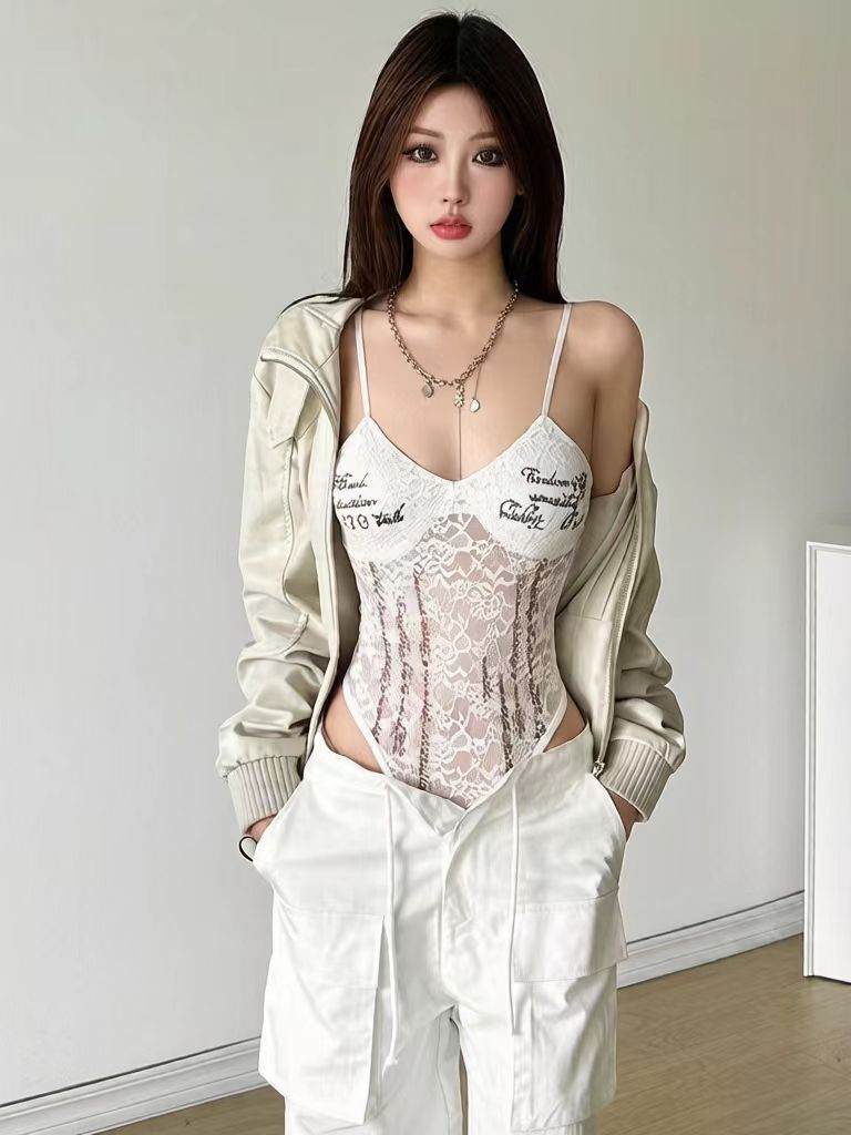 Letter Print Lace Camisole Bodysuit